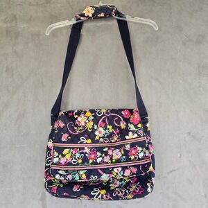 Vera Bradley Quilted Floral Ribbon Messenger Bag Navy Blue Pink Adjustable Strap